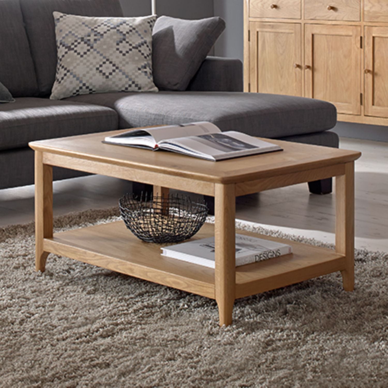 Solid Oak Rectangular Coffee Table with Shelf