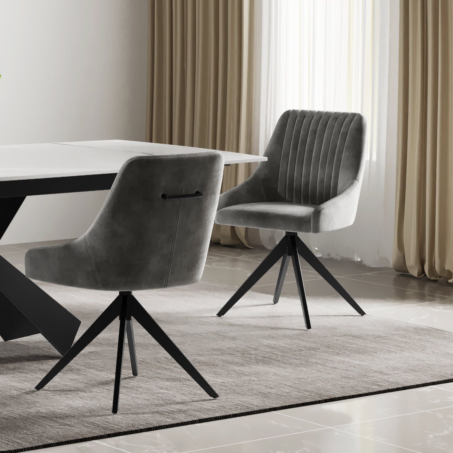 HUGO S Velvet Light Grey Swivel Black Legs
