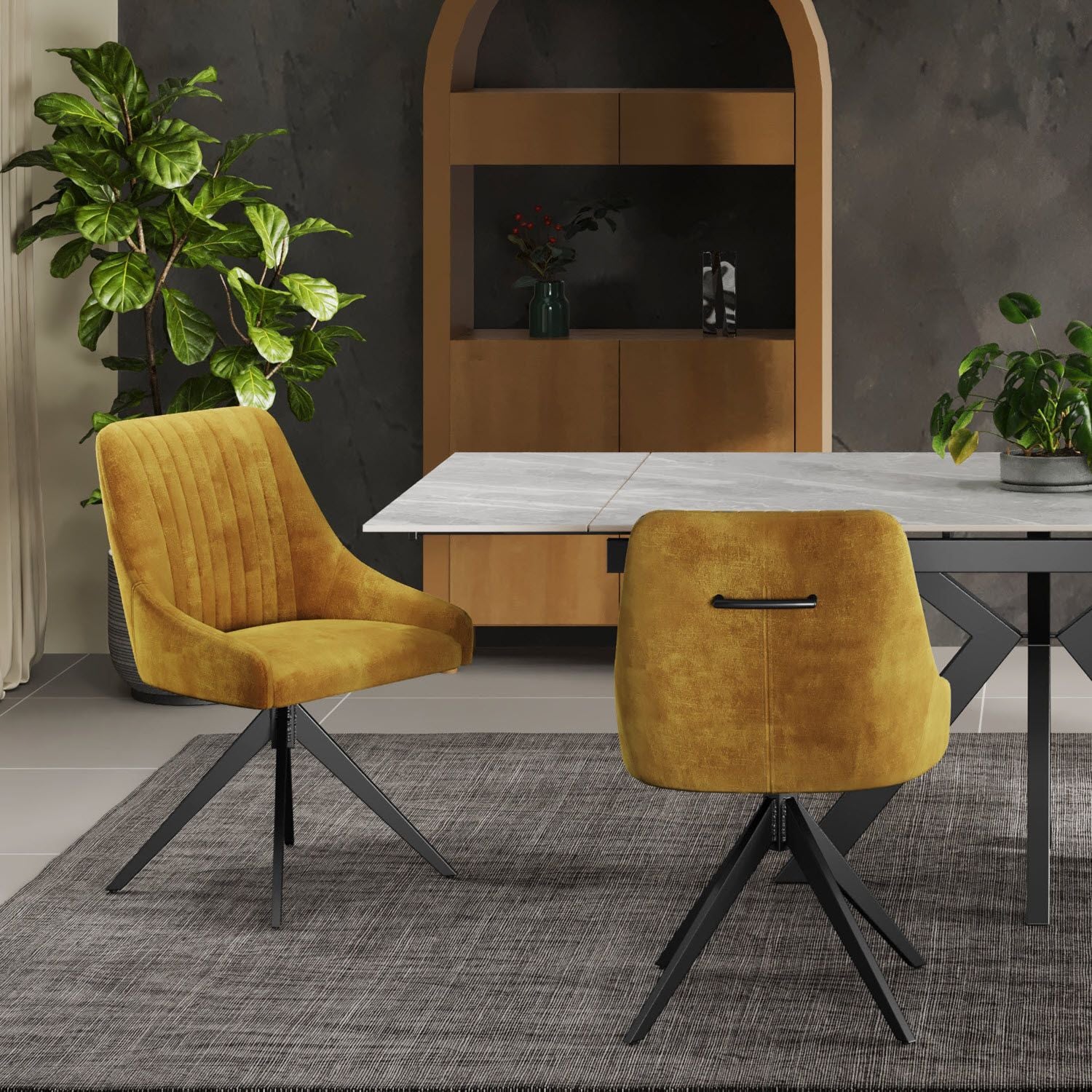 HUGO S Velvet Mustard Swivel Black Legs