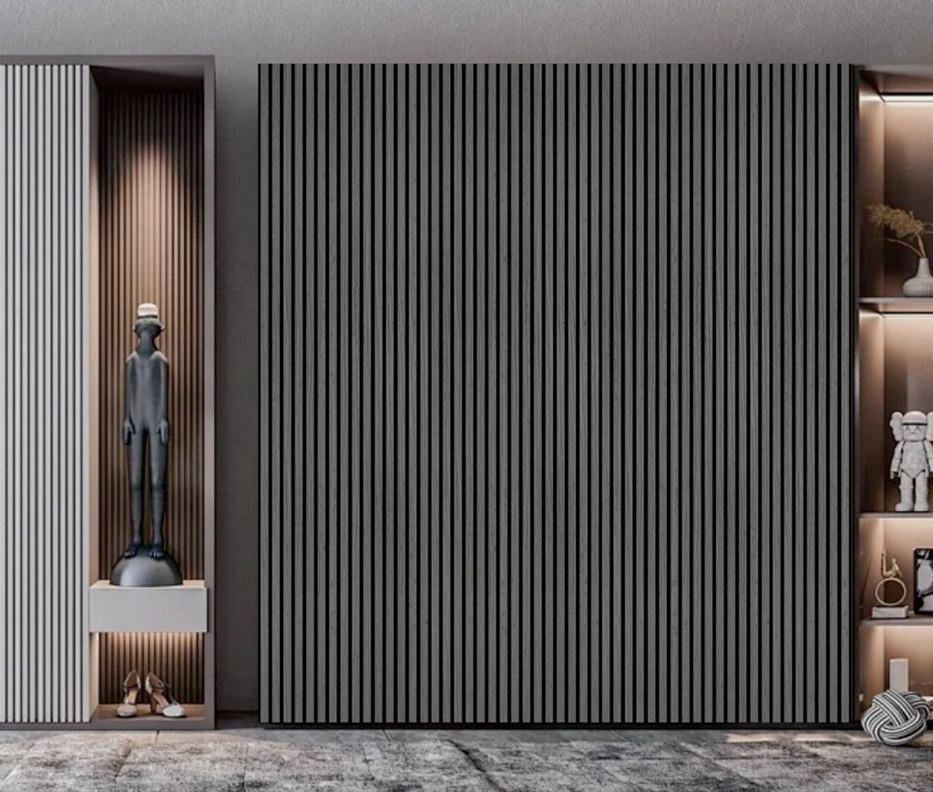 Set of 4 Light Grey Acoustic Slatted Decorative Wall Panels with Wood Effect Finish