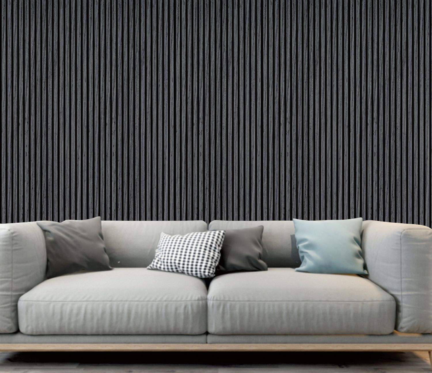 Set of 4 Dark Grey Acoustic Slatted Decorative Wall Panels with Wood Effect Finish (WP01)