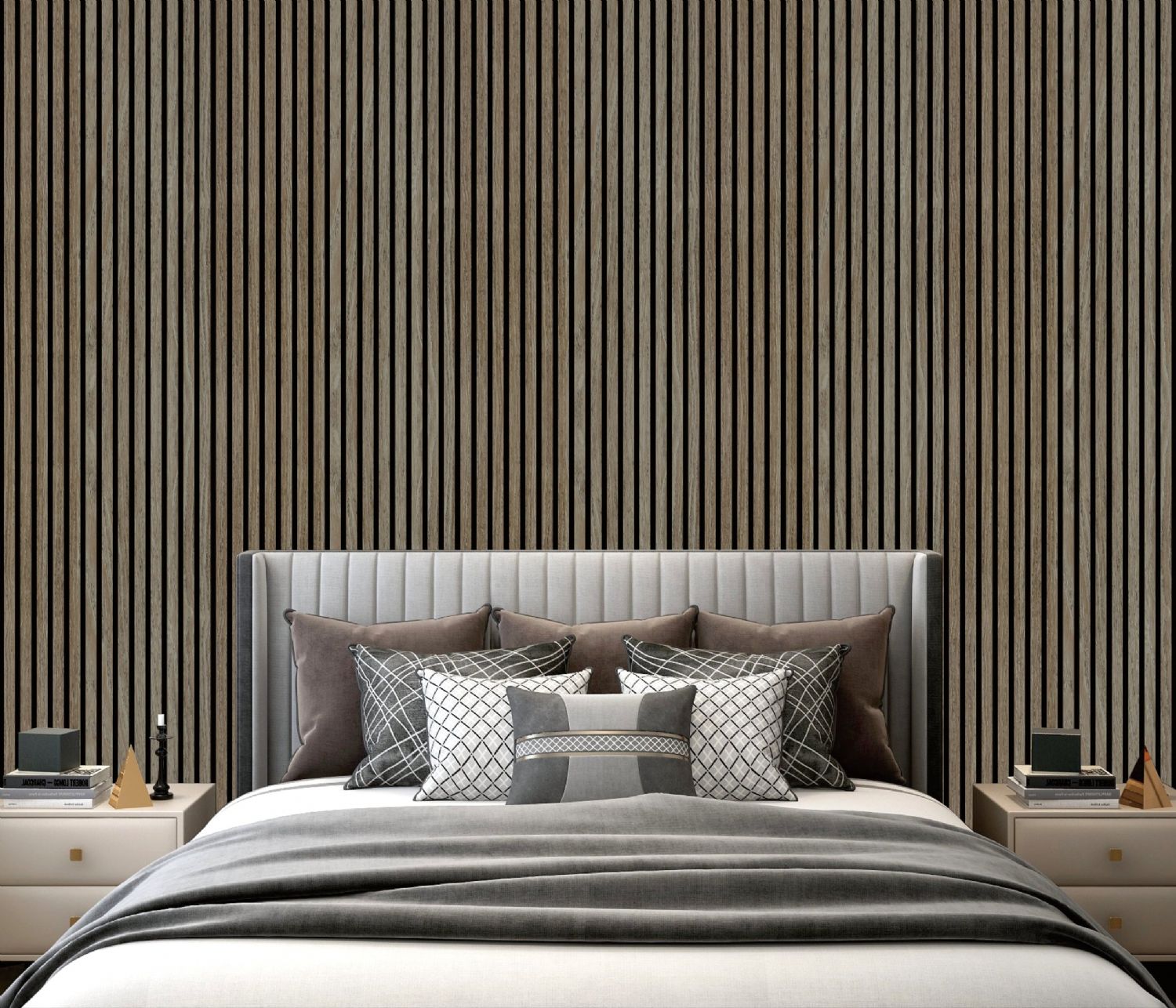 Set of 4 Dark Oak Acoustic Slatted Decorative Wall Panels with Wood Effect Finish (WP01)