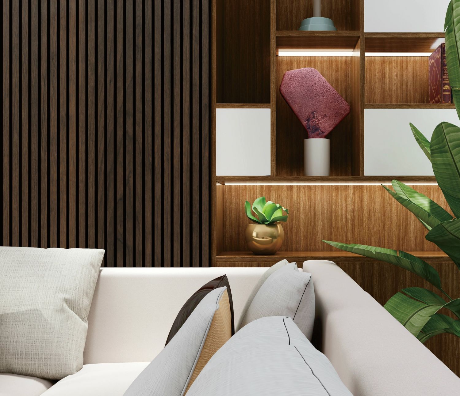 Set of 4 Walnut Acoustic Slatted Decorative Wall Panels with Wood Effect Finish (WP01)