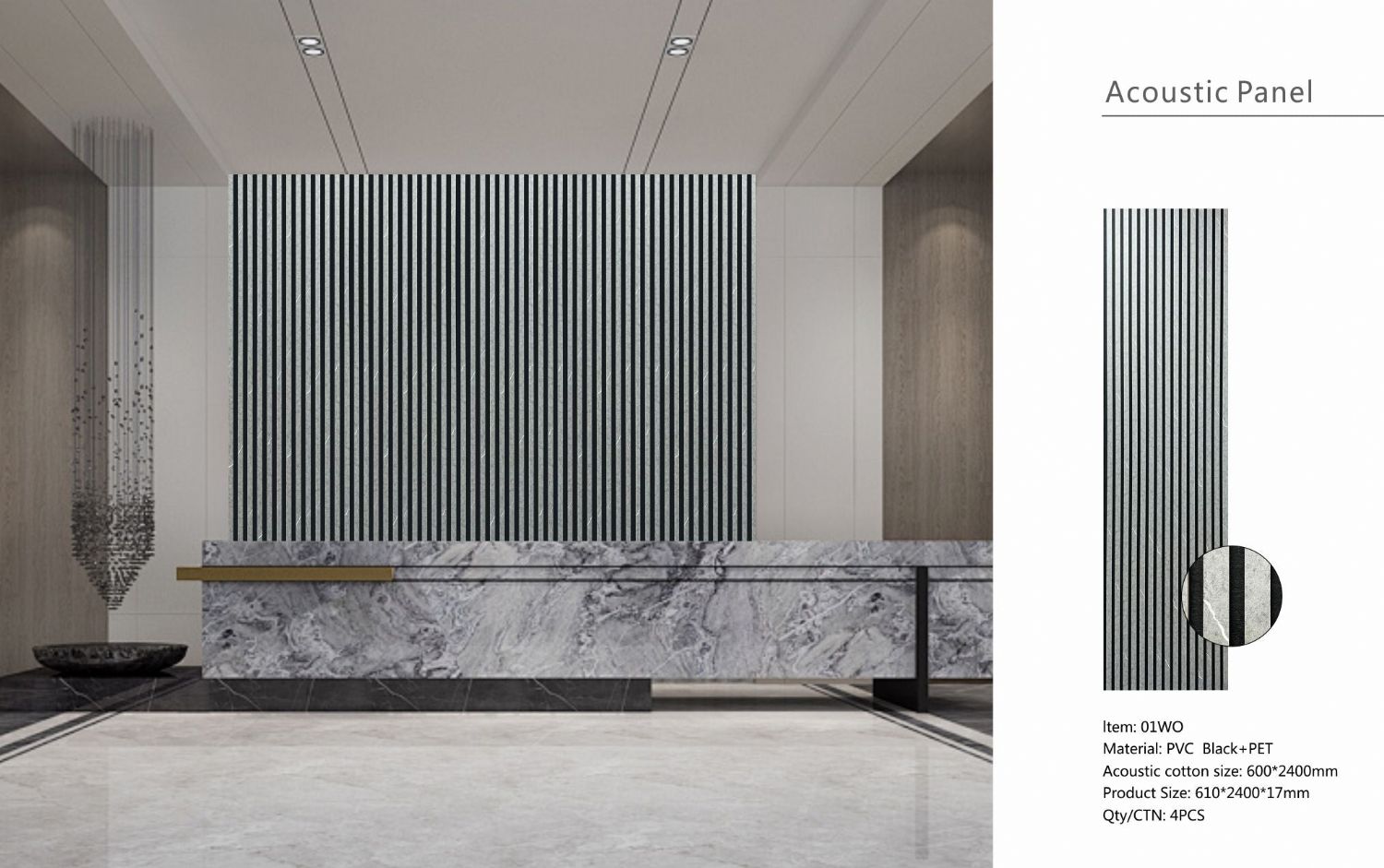 Set of 4 Grey Marble Effect Finish Acoustic Slatted Decorative Wall Panels