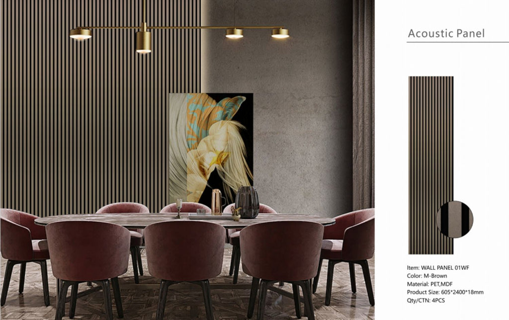 Set of 4 Metallic Brown Acoustic Slatted Decorative Wall Panels with Wood Effect Finish
