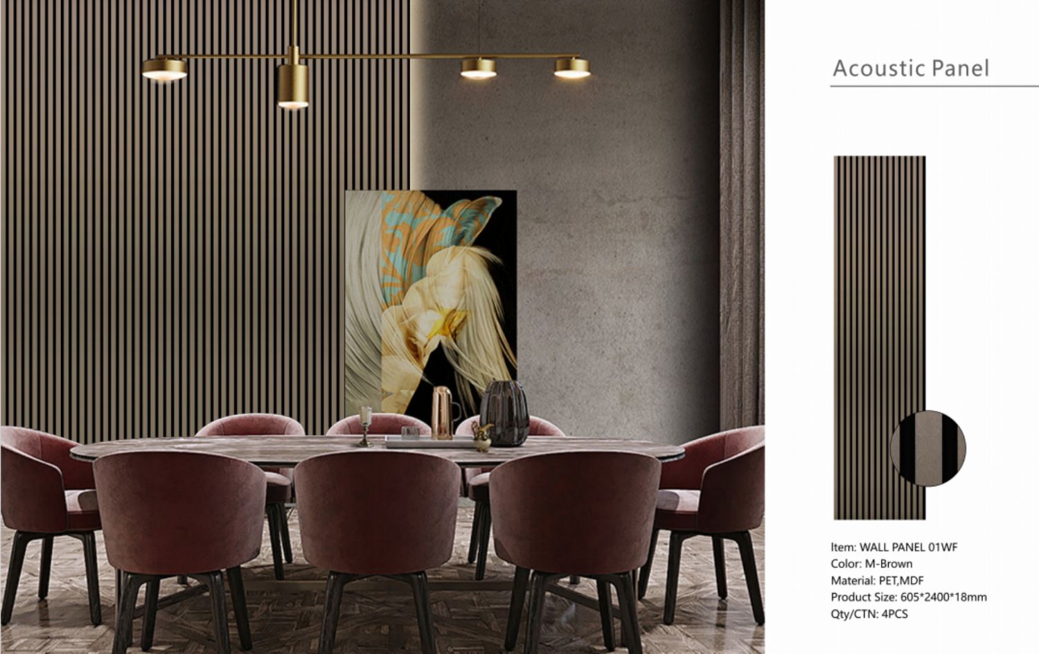 Set of 4 Metallic Brown Acoustic Slatted Decorative Wall Panels with Wood Effect Finish