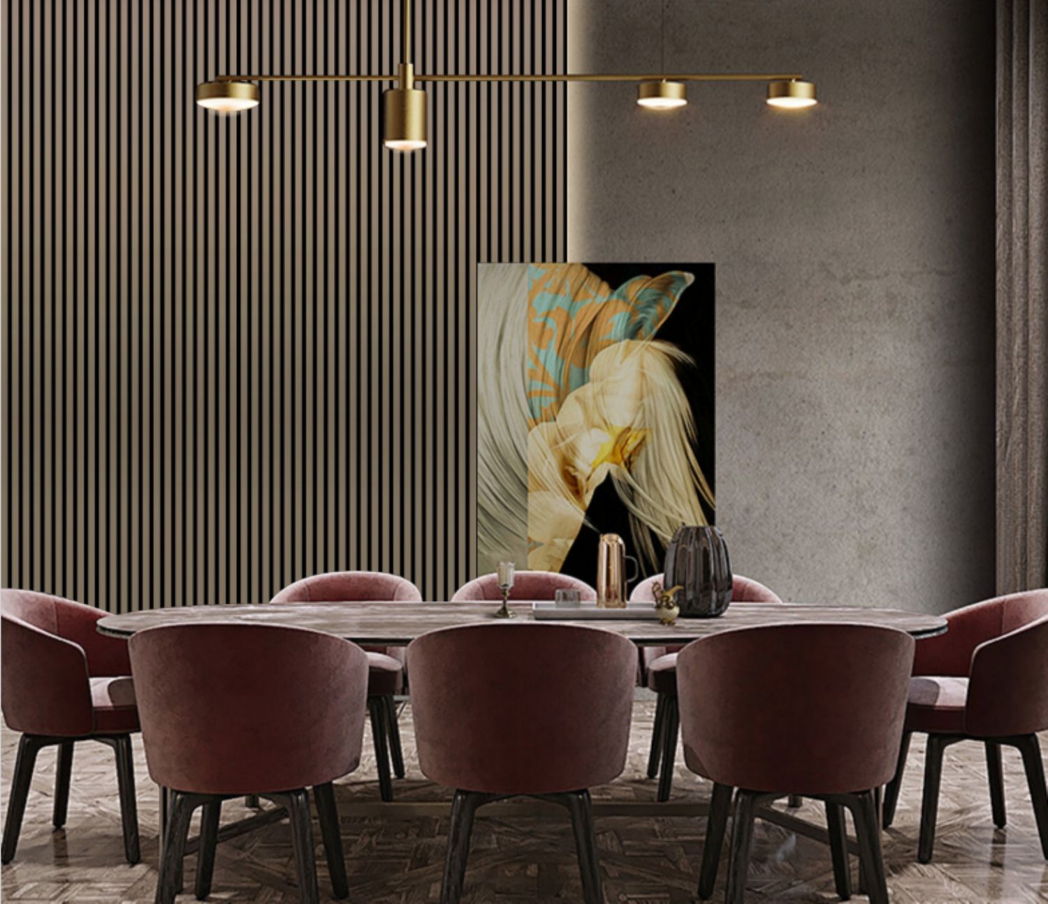 Set of 4 Metallic Brown Acoustic Slatted Decorative Wall Panels with Wood Effect Finish