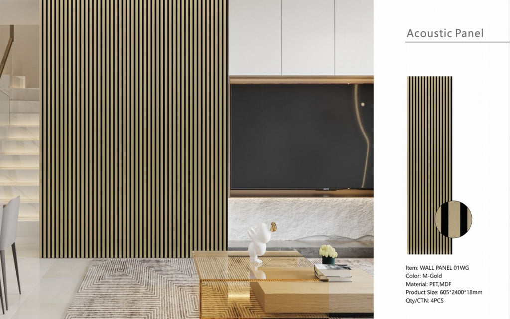 Set of 4 Metallic Gold Acoustic Slatted Decorative Wall Panels with Wood Effect Finish