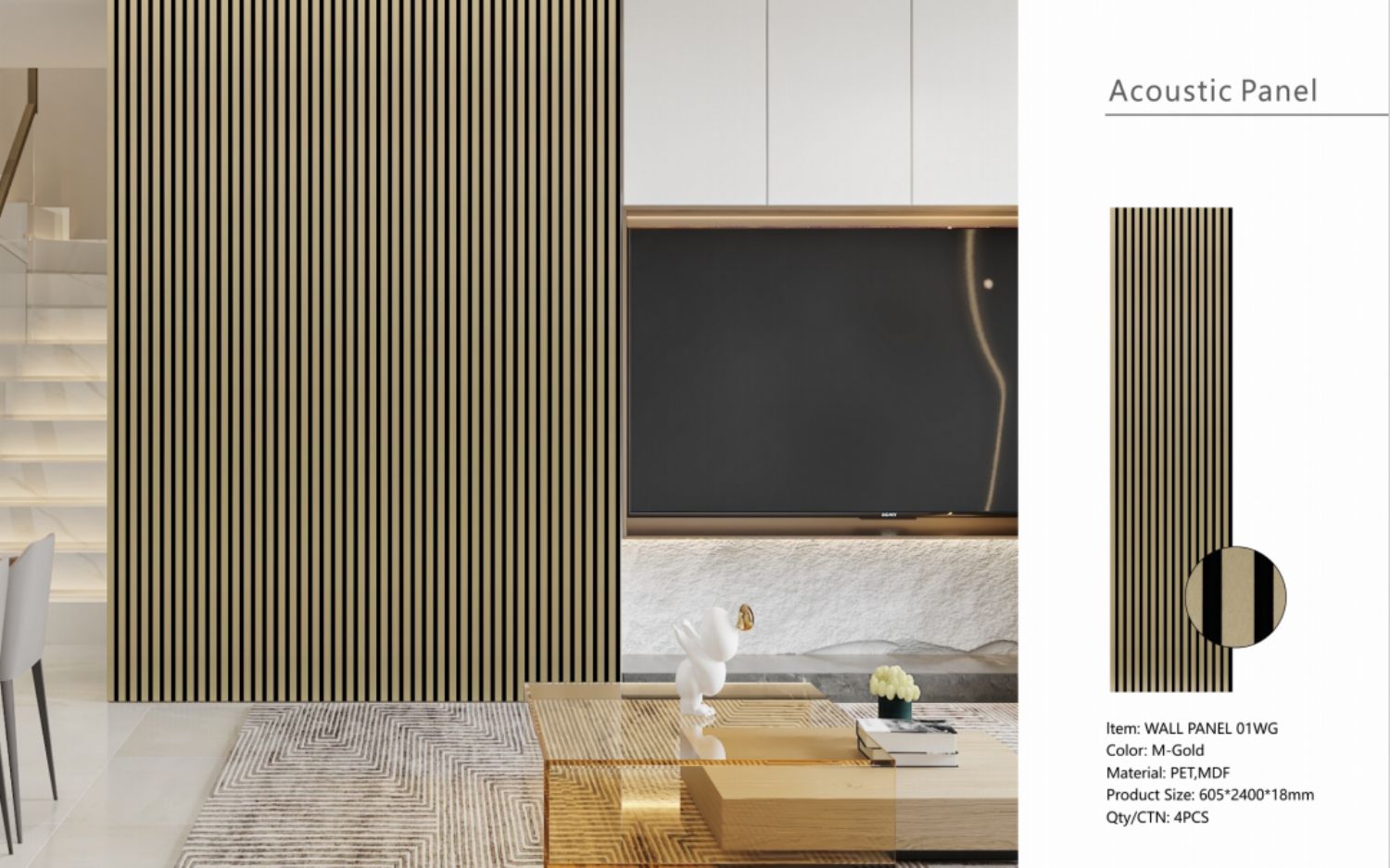 Set of 4 Metallic Gold Acoustic Slatted Decorative Wall Panels with Wood Effect Finish