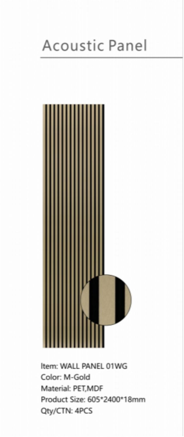 Set of 4 Metallic Gold Acoustic Slatted Decorative Wall Panels with Wood Effect Finish