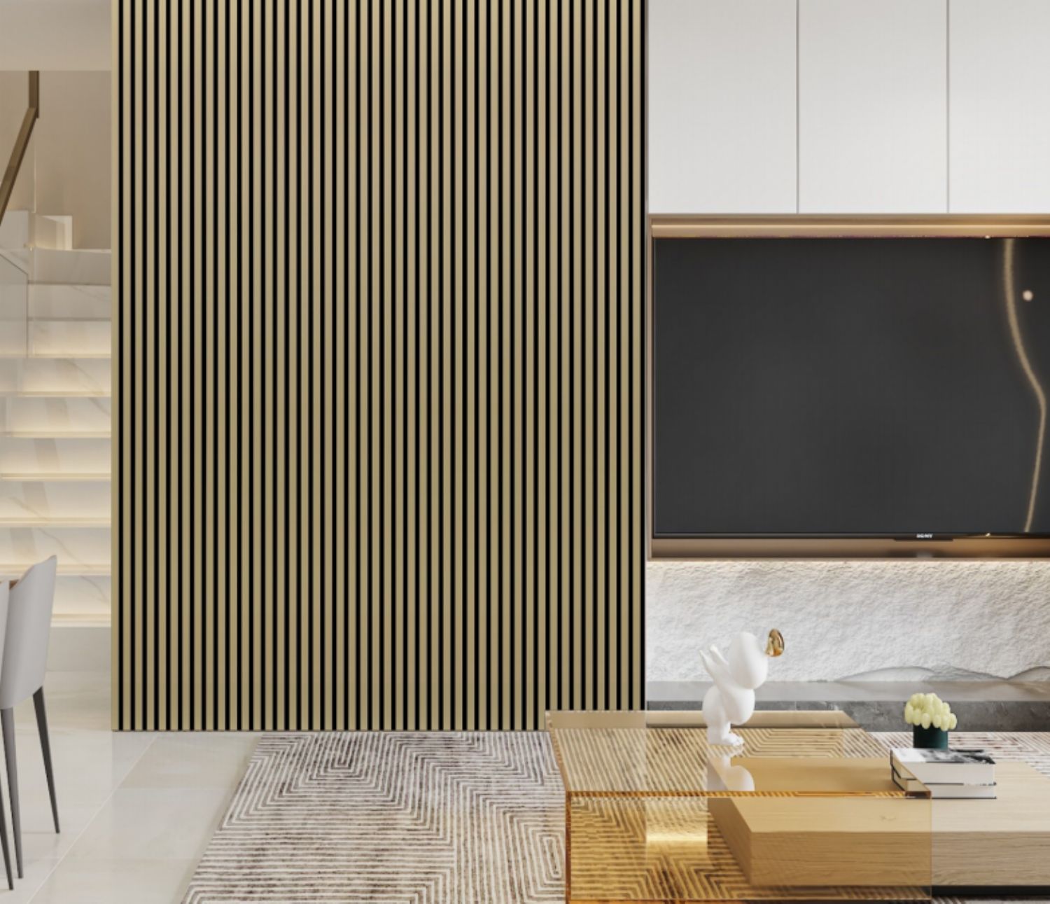 Set of 4 Metallic Gold Acoustic Slatted Decorative Wall Panels with Wood Effect Finish