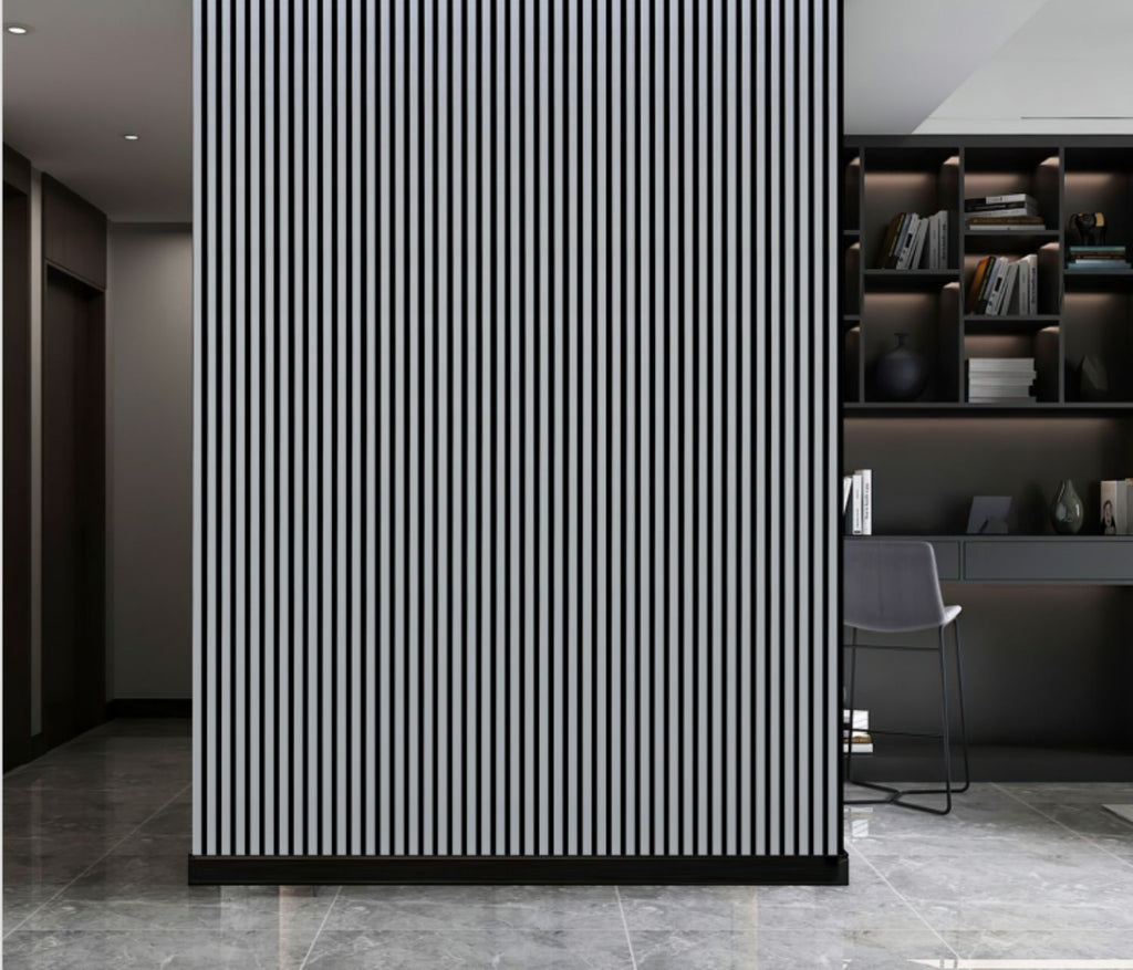 Set of 4 Metallic Light Grey Acoustic Slatted Decorative Wall Panels with Wood Finish