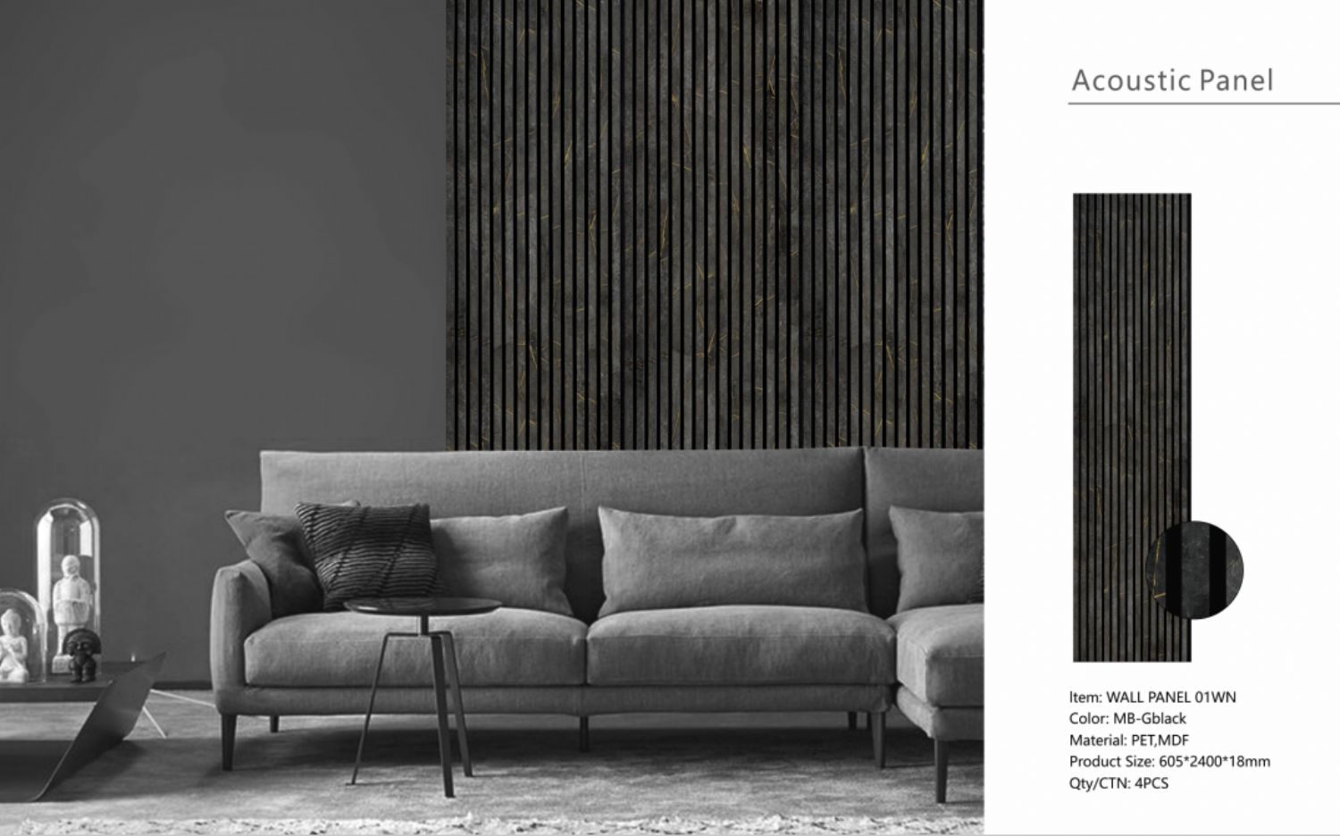 Set of 4 Gold and Black Marble Effect Finish Acoustic Slatted Decorative Wall Panels