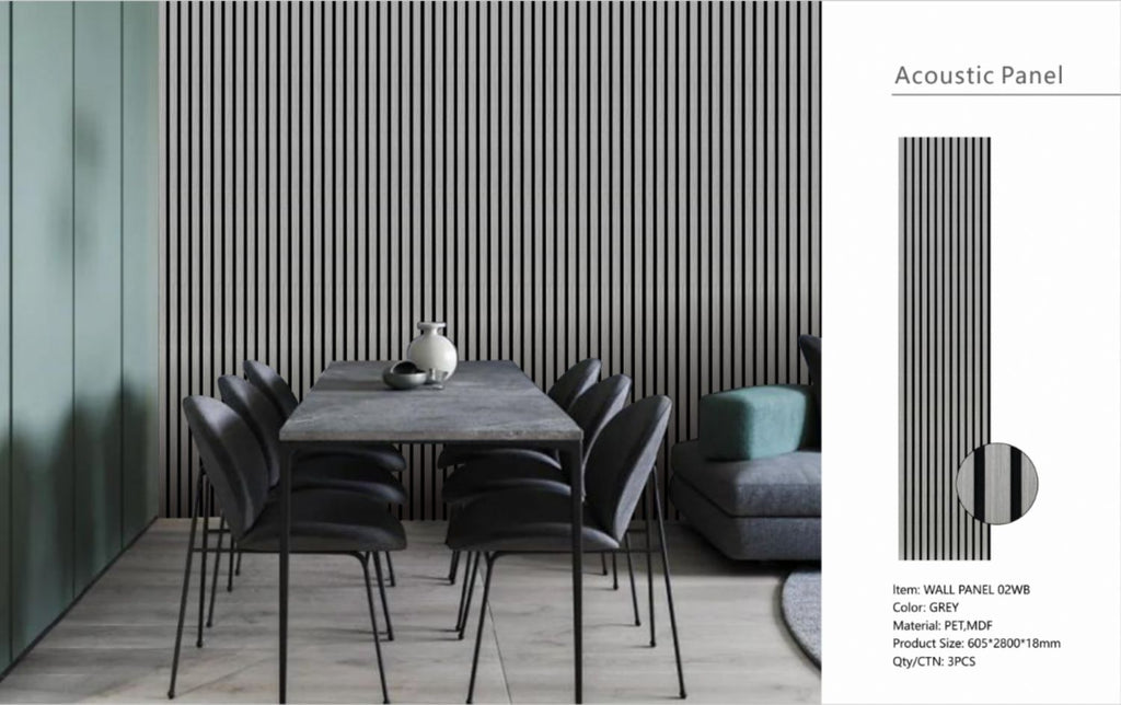 Set of 3 Grey Acoustic Slatted Decorative Wall Panels with Wood Effect Finish