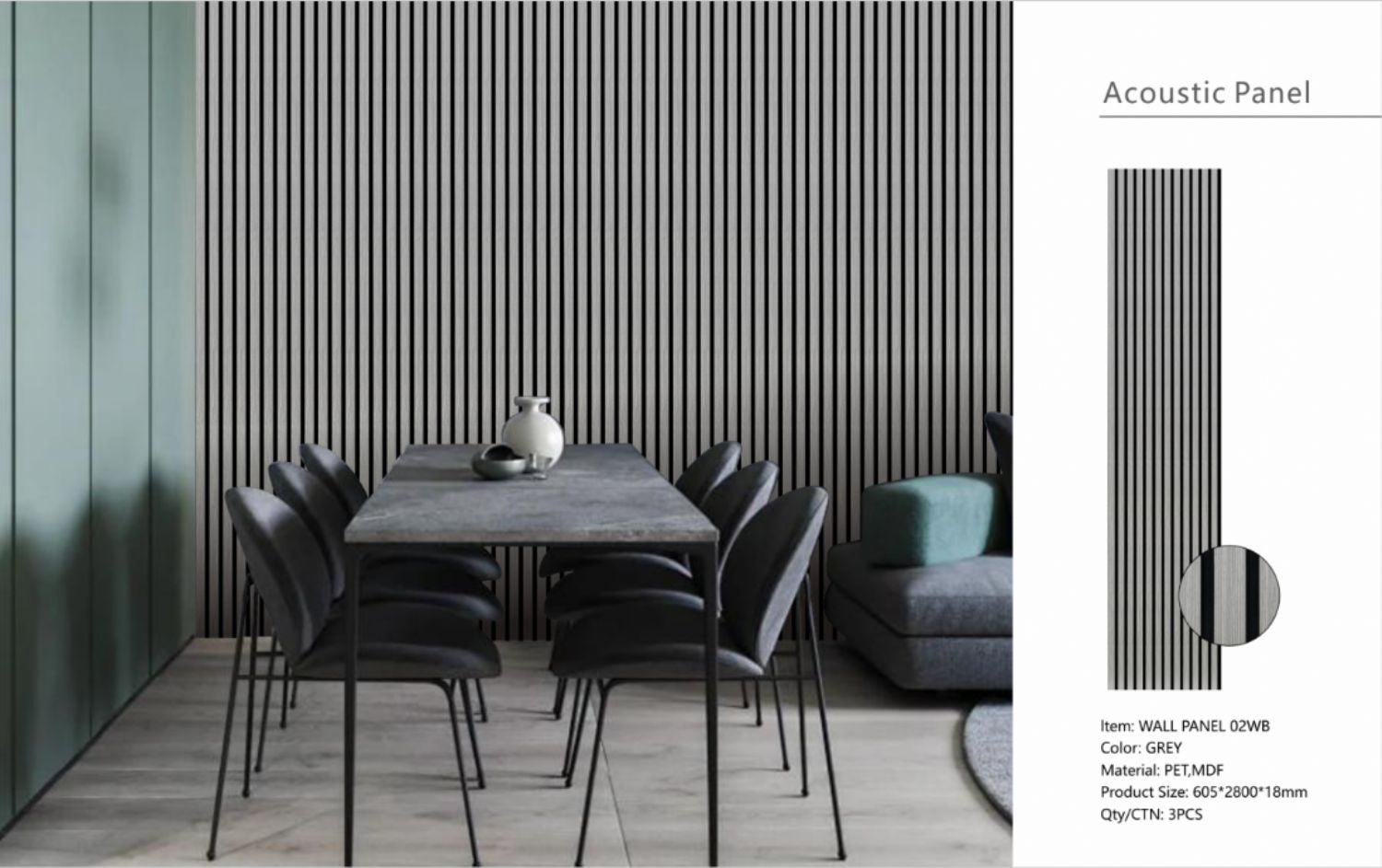 Set of 3 Grey Acoustic Slatted Decorative Wall Panels with Wood Effect Finish