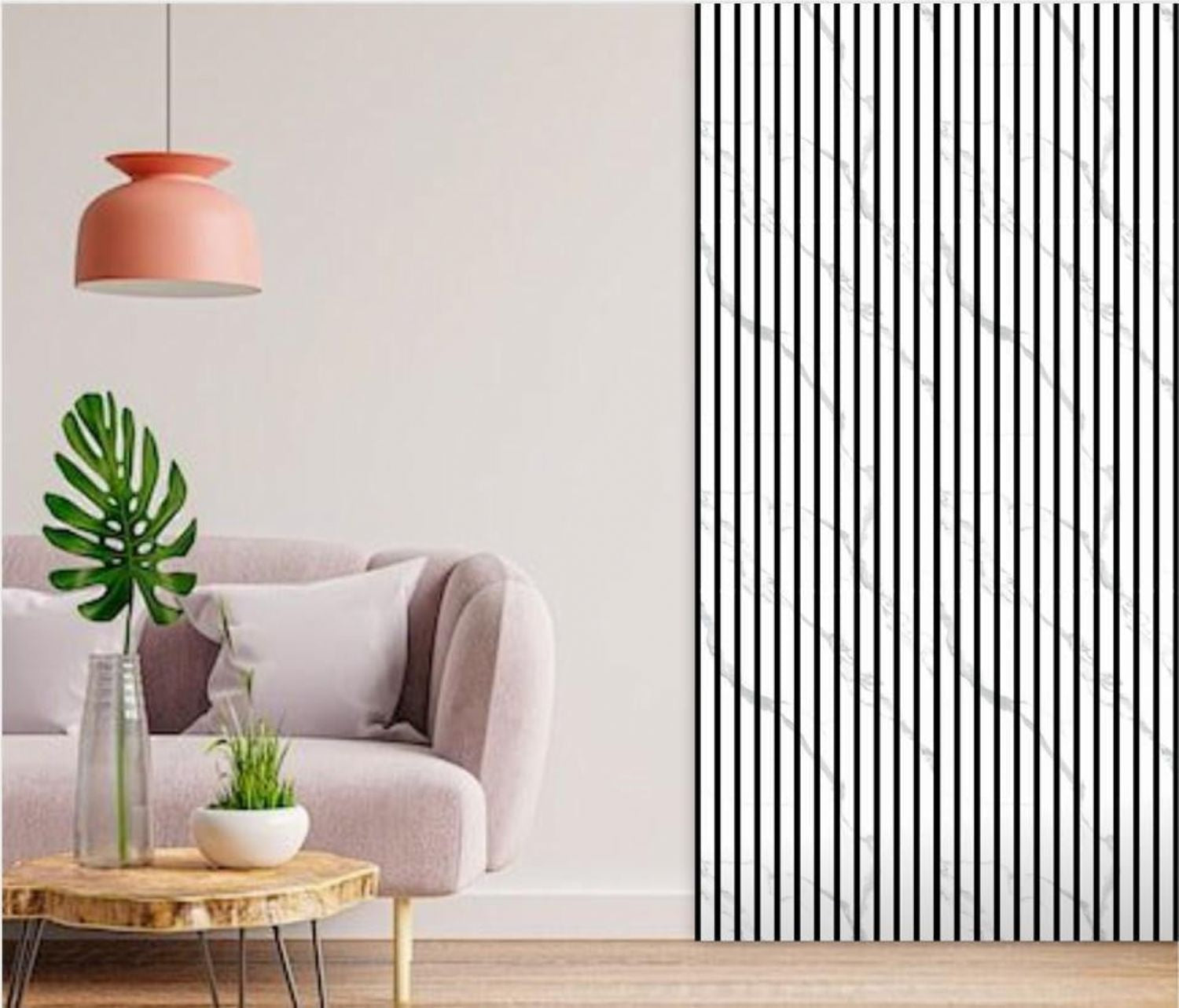 Set of 3 White Marble Effect Finish Acoustic Slatted Decorative Wall Panels