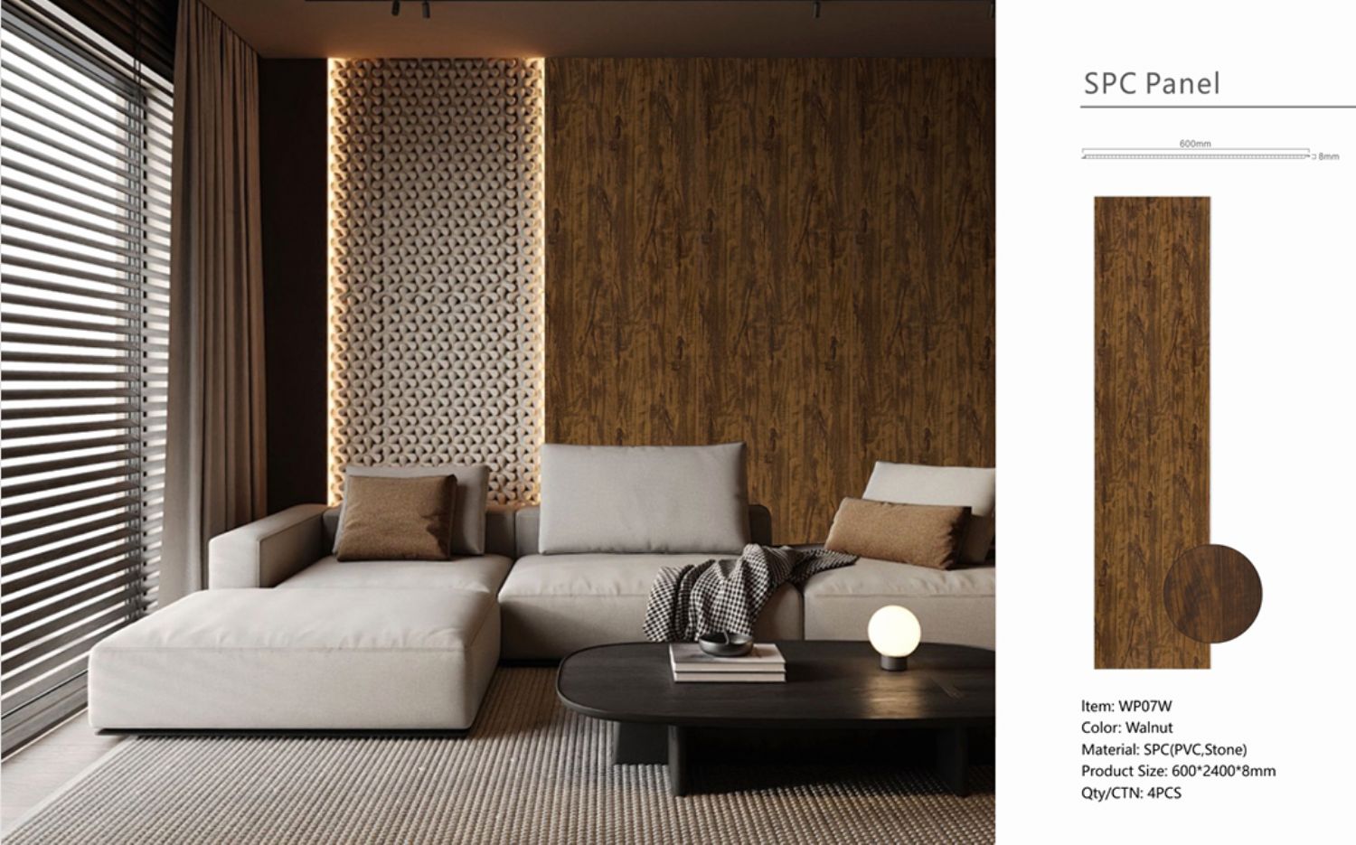 Set of 3 Walnut Marble Effect Finish Acoustic Slatted Decorative Wall Panels