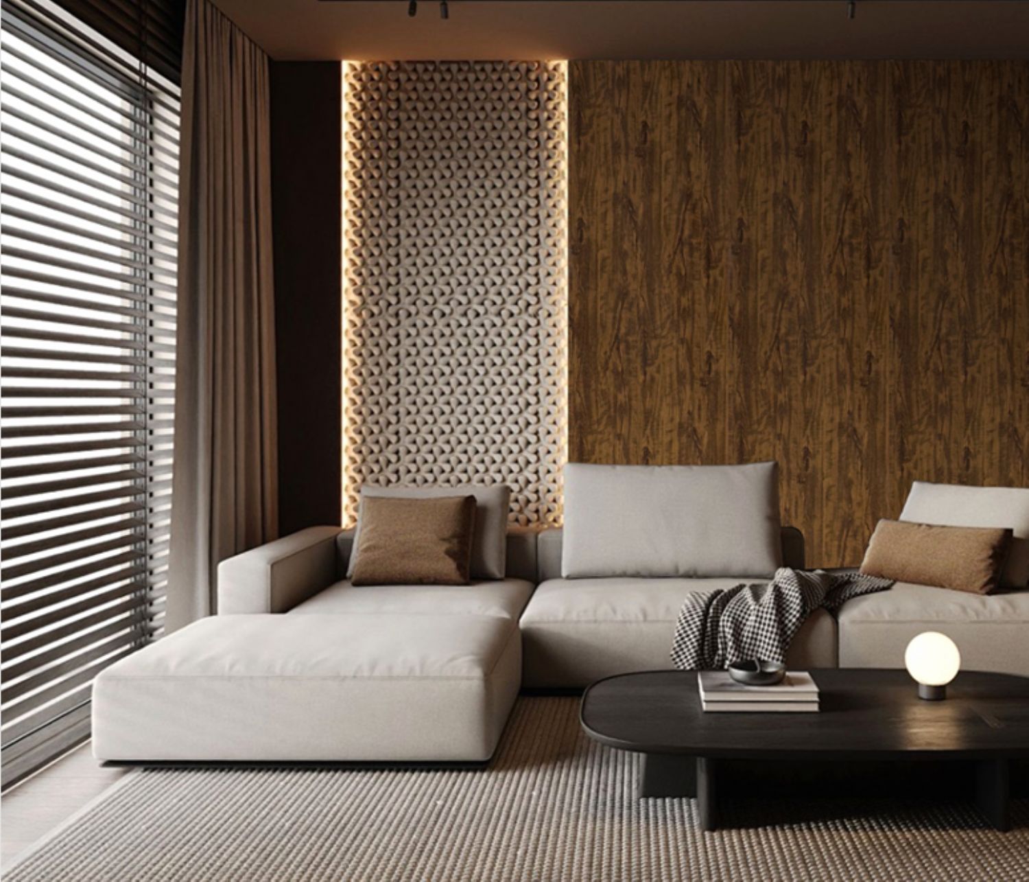 Set of 3 Walnut Marble Effect Finish Acoustic Slatted Decorative Wall Panels