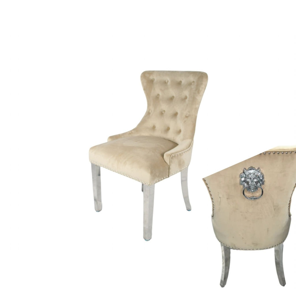Cream Velvet Dining Chair with Lion Knocker and Chrome Legs