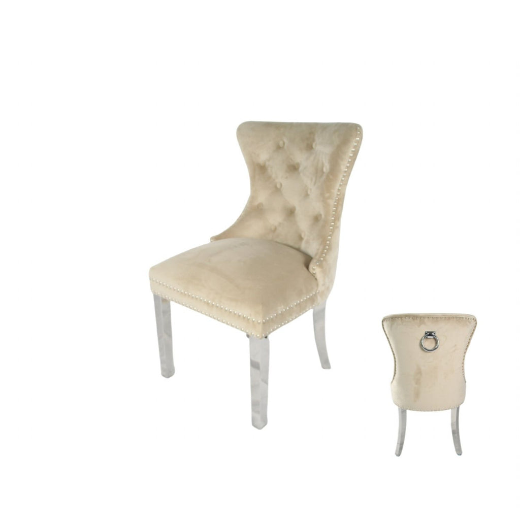 Cream Velvet Dining Chair with Ring Knocker and Chrome Legs