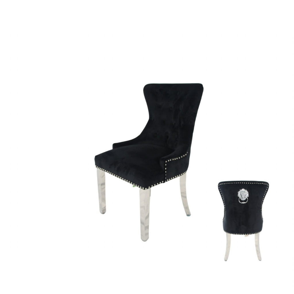 Black Velvet Dining Chair with Lion Knocker and Chrome Legs