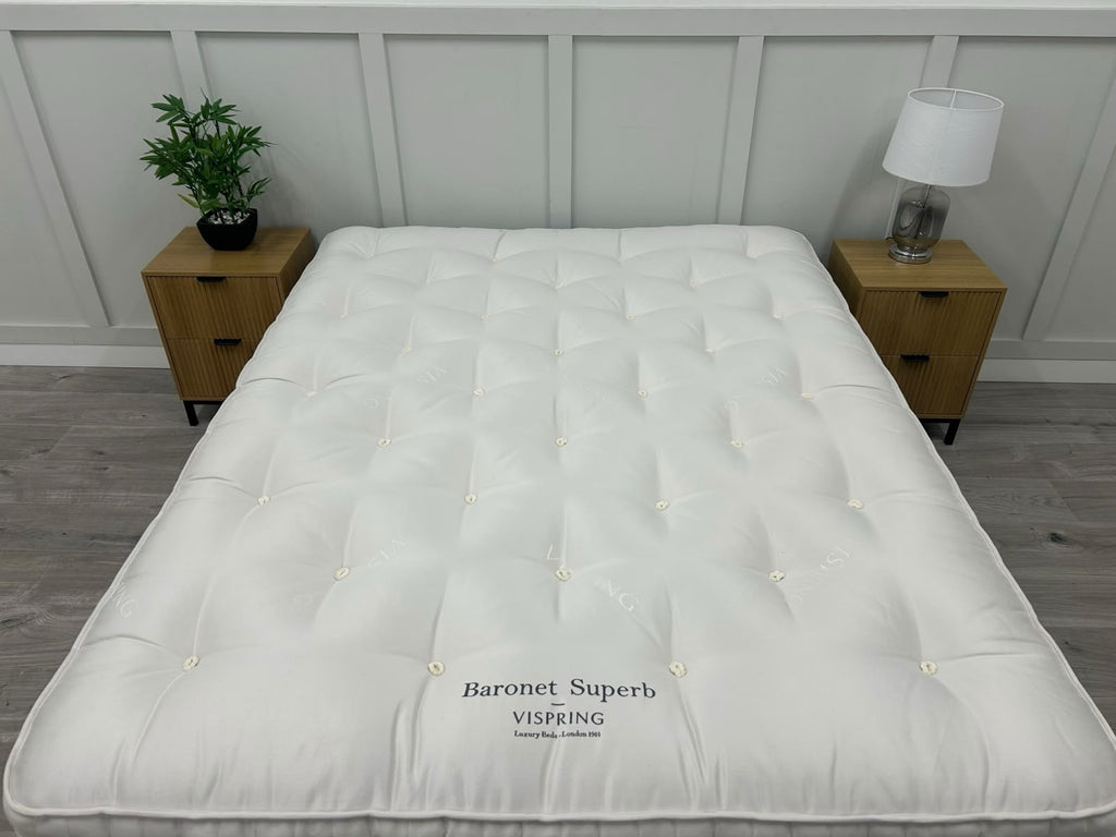 Vispring Baronet Superb 5ft kingsize firm spring mattress with plush fabric, showcasing its luxurious, supportive design.