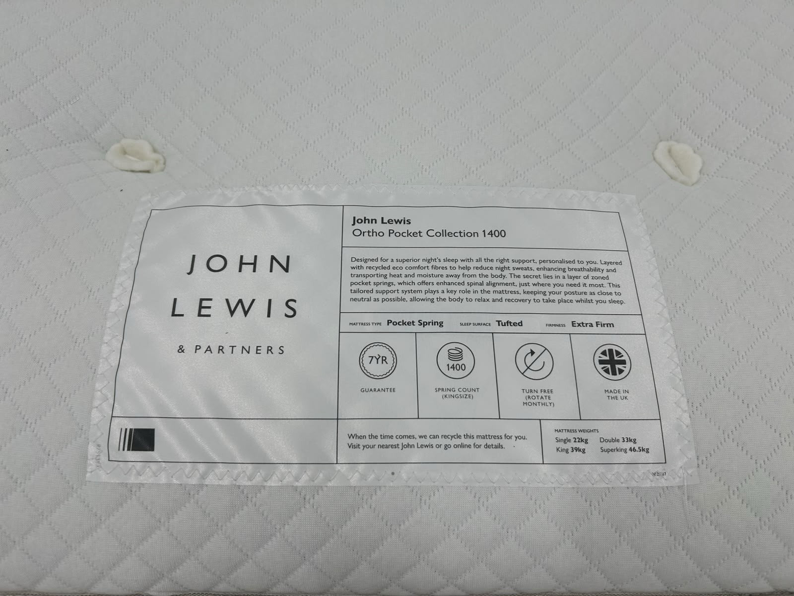 John Lewis Ortho Pocket Collection 1400 Pocket Spring Double 4FT 6 RRP £799