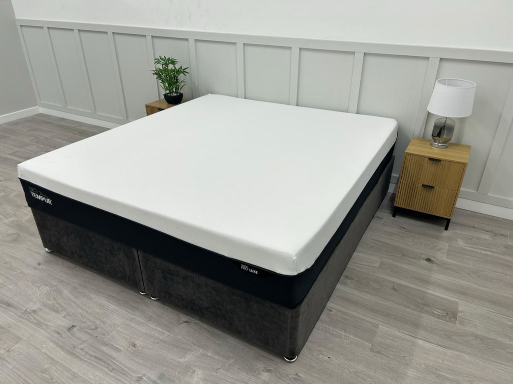Tempur Pro Luxe Soft 6FT Superking mattress with plush surface, shown on a bed frame, highlighting its soft, luxurious feel.