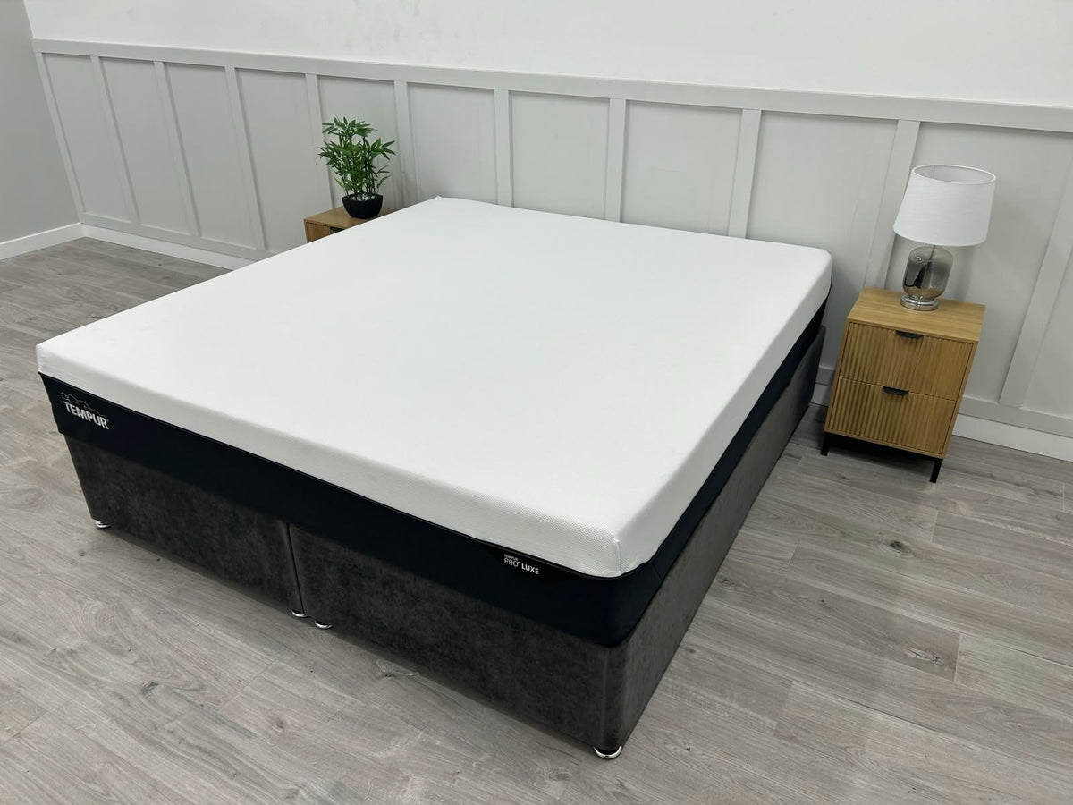 Tempur Pro Luxe Soft 6FT Superking mattress with plush surface, shown on a bed frame, highlighting its soft, luxurious feel.