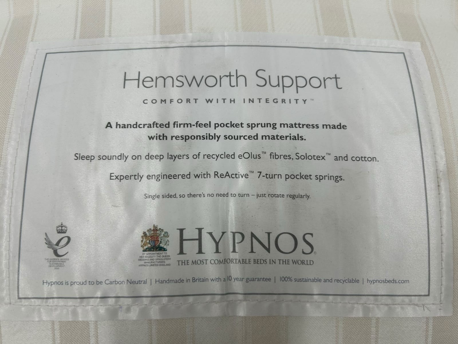 Hypnos Hemsworth Support 6FT Superking Mattress RRP £1299 Medium Firm