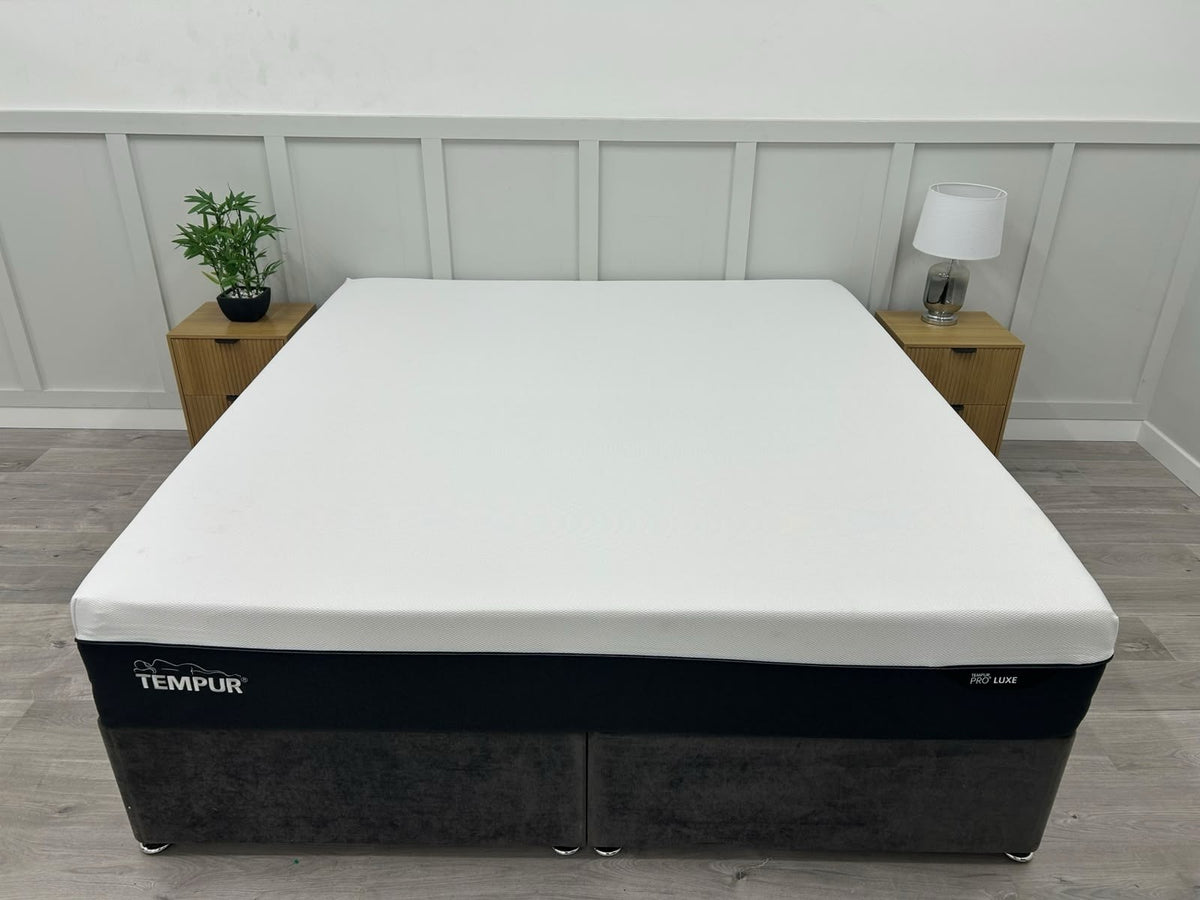 Tempur Pro Luxe Soft 6FT Superking mattress showing a plush, quilted surface in a modern bedroom setting.
