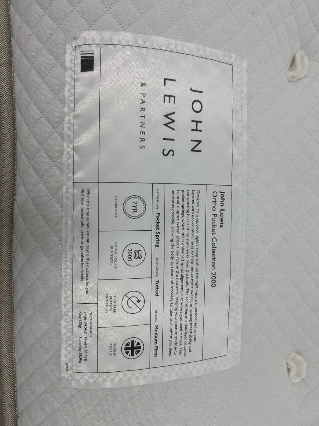 John Lewis Ortho  2000 Pocket Spring Mattress, Medium/Firm 5FT Kingsize