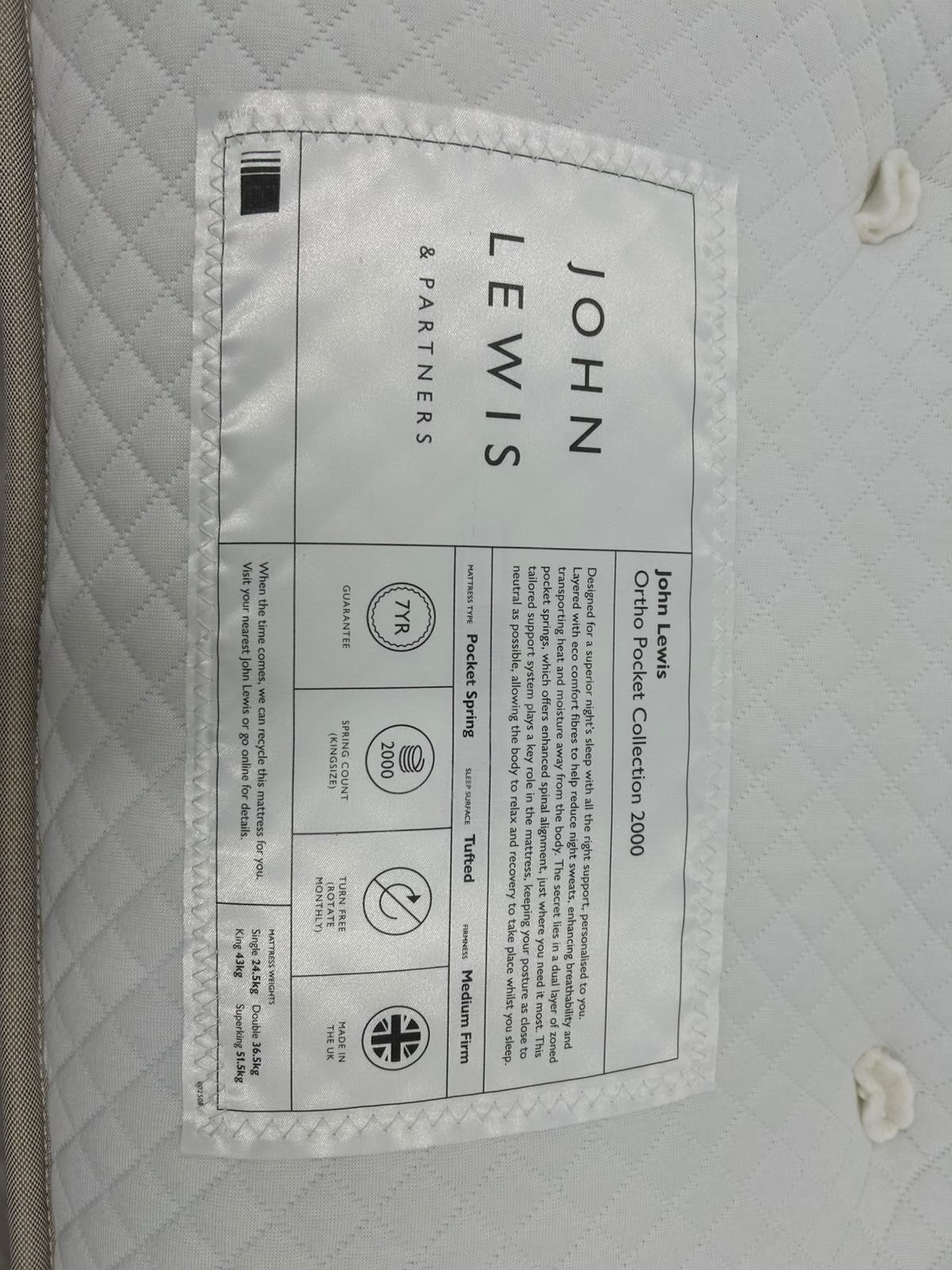 John Lewis Ortho  2000 Pocket Spring Mattress, Medium/Firm 5FT Kingsize
