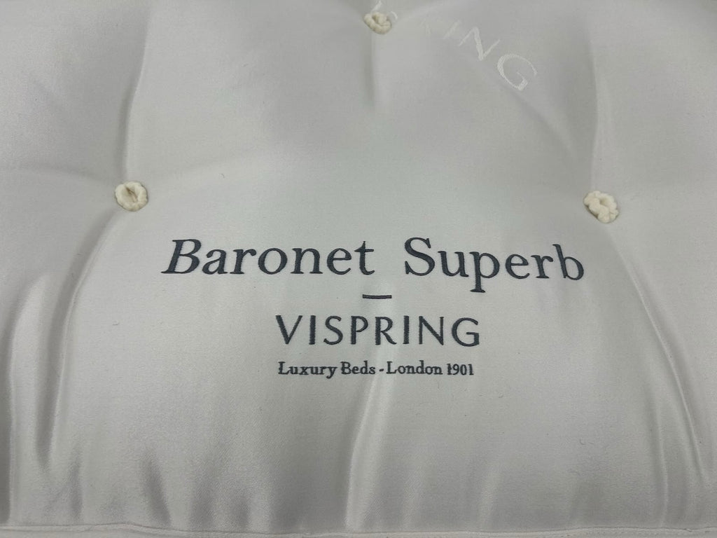 Vispring Baronet Superb 5FT Kingsize firm spring mattress with plush fabric cover, showcasing luxurious and supportive bedding.