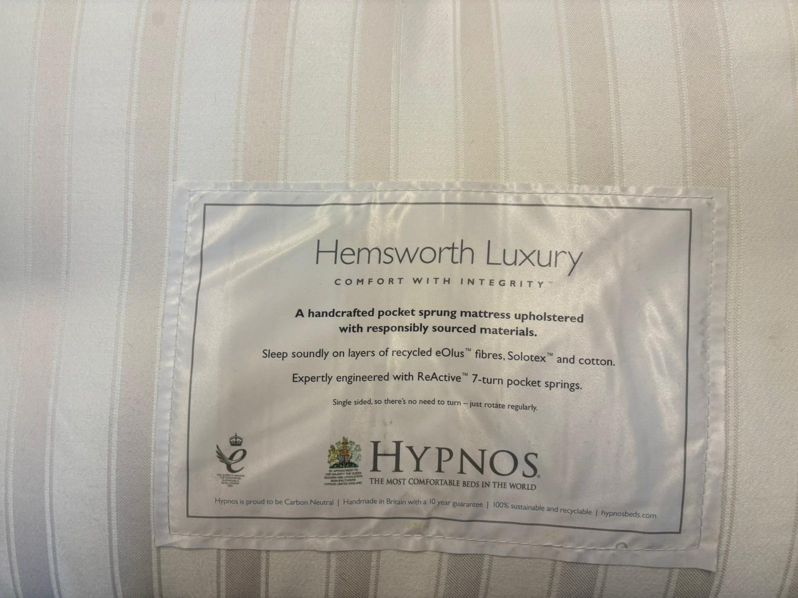 Hypnos Hemsworth Luxury  3FT Single Mattress 90cm 190cm RRP £946