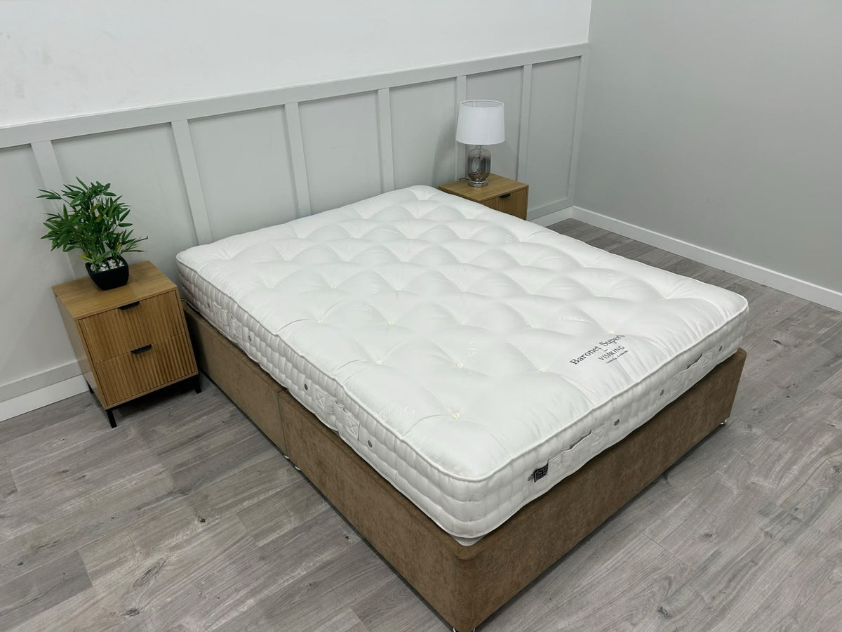 Vispring Baronet Superb 5FT Kingsize firm spring mattress with plush fabric top and detailed stitching, designed for comfort.