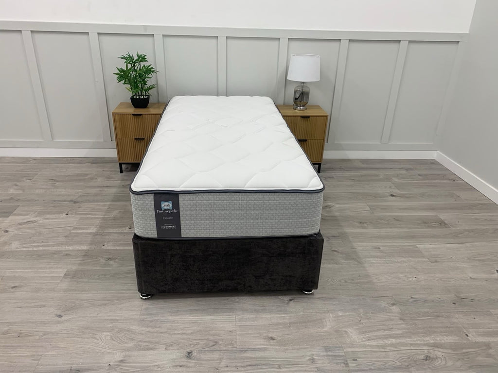 Sealy Posturepedic Elevate Blackwood 3FT single firm mattress in black and white upholstery