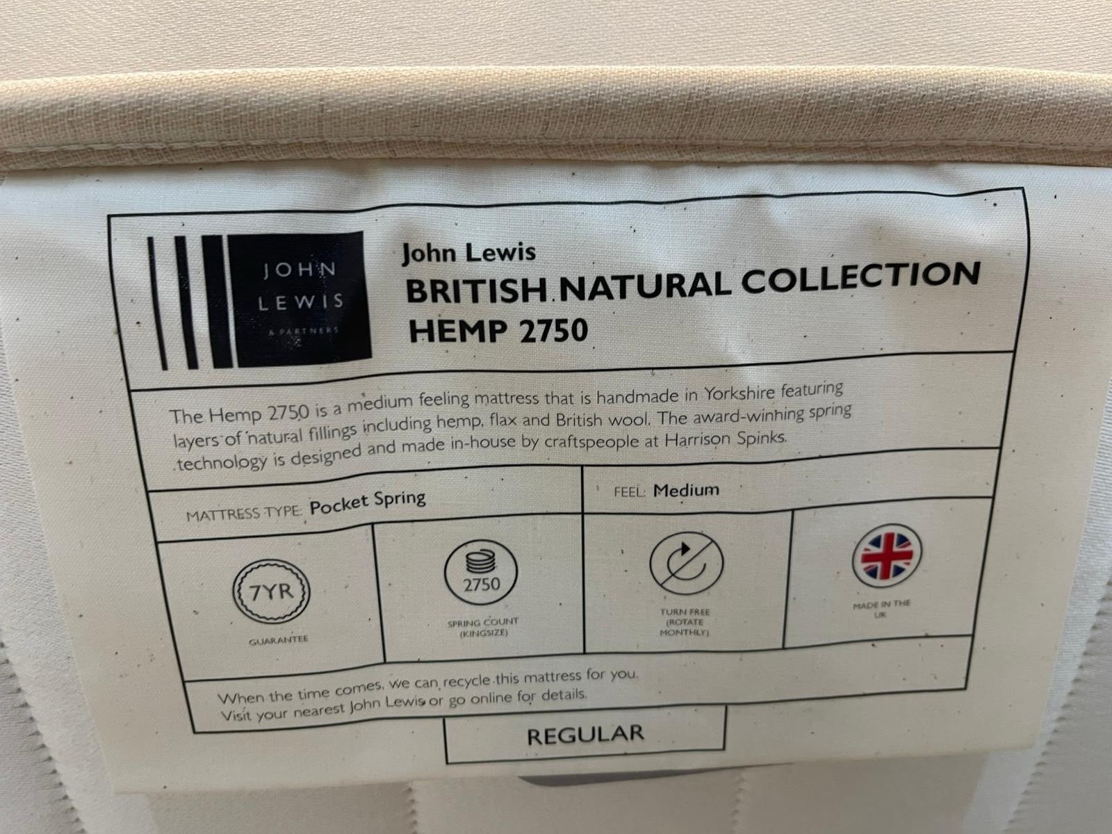 John Lewis Harrison Spinks Hemp 2750 Mattress Zip & Link 6FT Superking RRP £1899 - Home Furniture Interiors