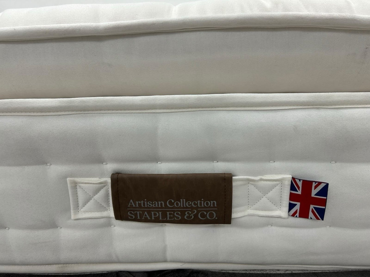 Staples and Co Artisan Pure Decadence 5FT Kingsize mattress with plush fabric and supportive design, shown on bed frame.