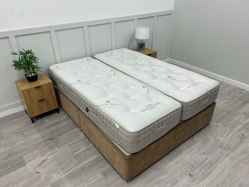Harrison Spinks Pure Splendour 5FT Kingsize mattress showing plush fabric and quilted surface on a bed frame.