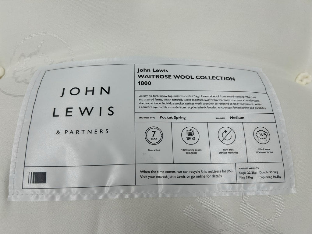 John Lewis Waitrose Wool 1800 Pillowtop Mattress, Medium 5FT Kingsize RRP £1199