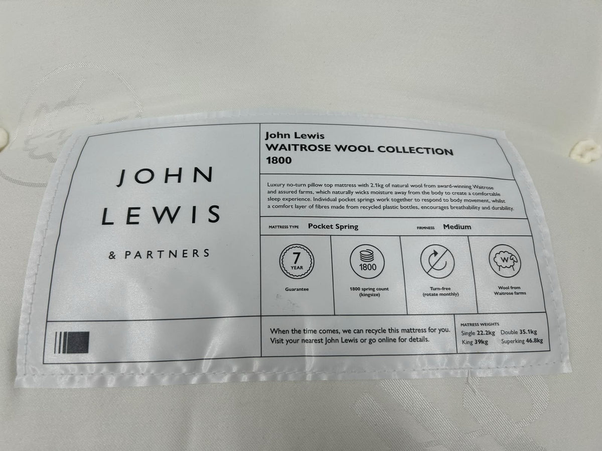 John Lewis Waitrose Wool 1800 Pillowtop Mattress, Medium 5FT Kingsize RRP £1199