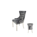 Dark Grey Velvet Dining Chair with Lion Knocker and Chrome Legs