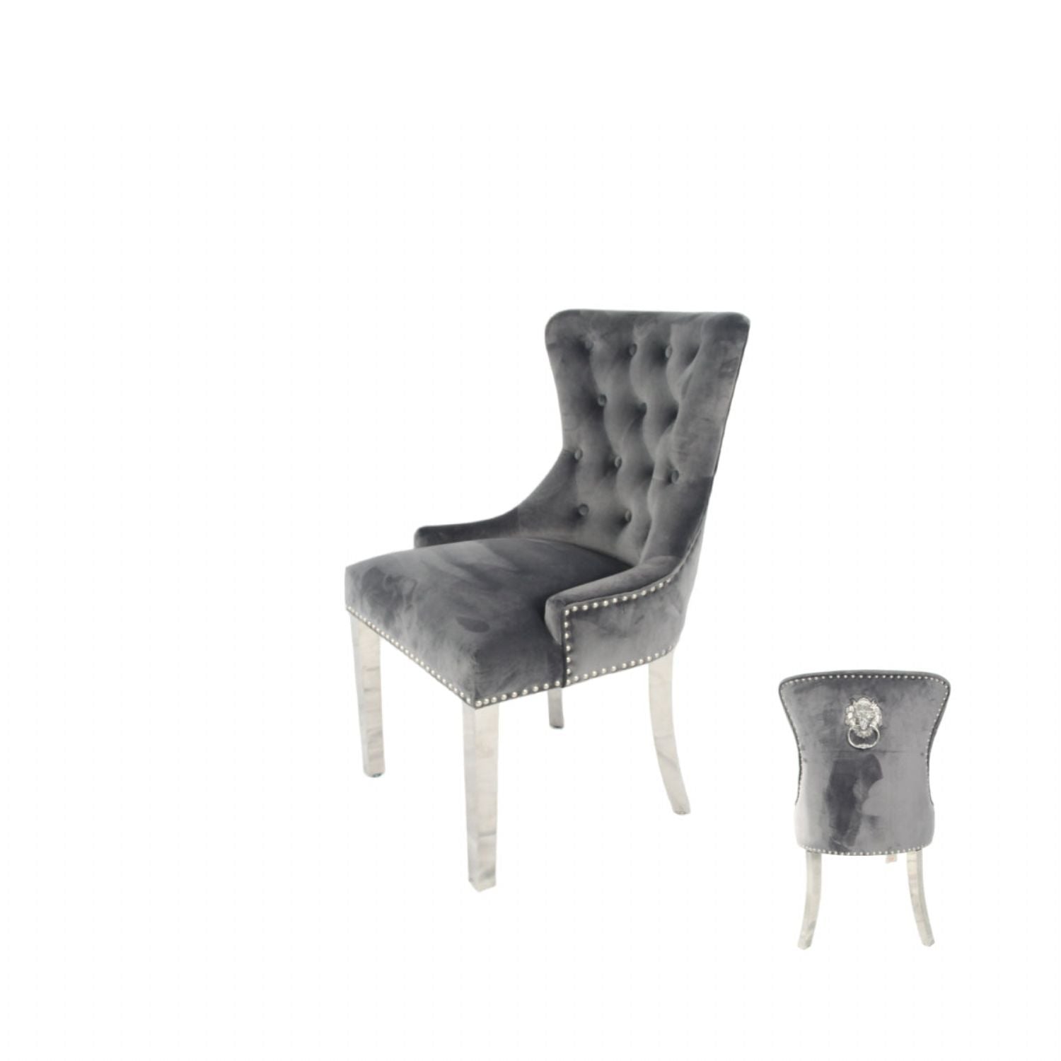 Dark Grey Velvet Dining Chair with Lion Knocker and Chrome Legs