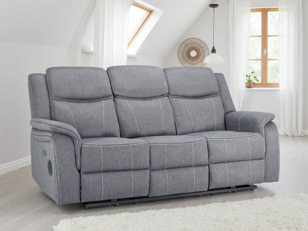 Grey Fabric 3 Seater Electric Recliner Sofa - Home Furniture Interiors