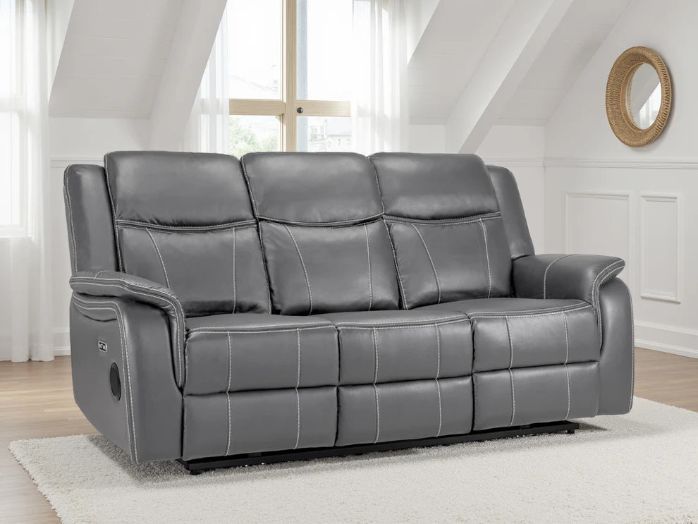 Grey Leather 3 Seater Electric Recliner Sofa - Home Furniture Interiors