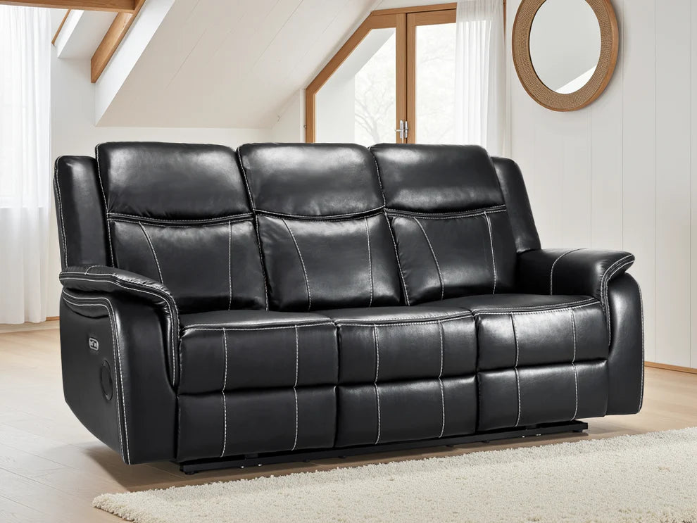 Black Leather 3 Seater Electric Recliner Sofa