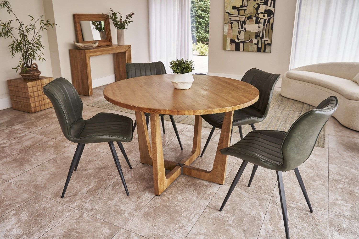 Natural Mango Wood Round Dining Table with Sculpted Geometric Base