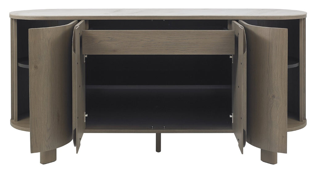 Grey Oiled Oak Wide Sideboard Marble Effect Top - Home Furniture Interiors