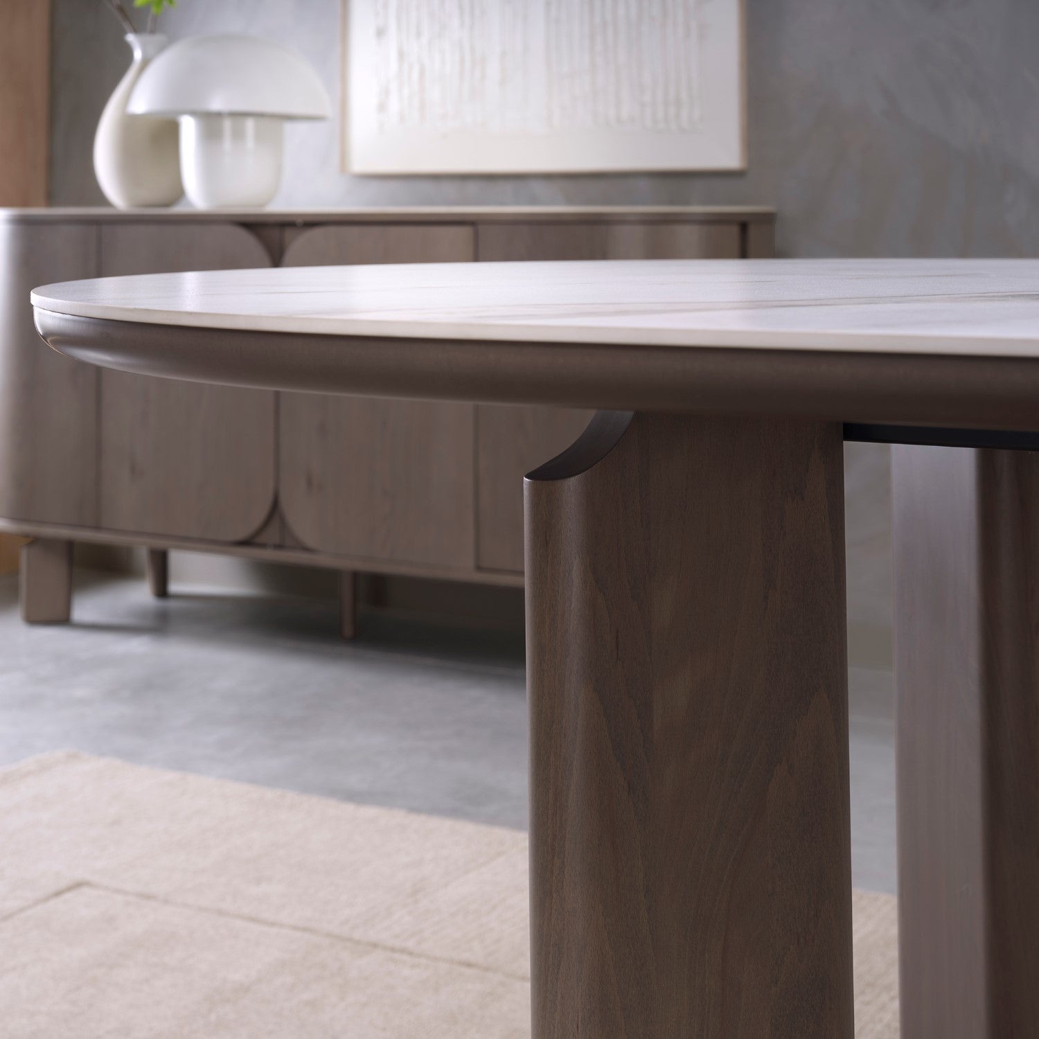 Grey Oiled Oak Large Oval Dining Table Marble Effect Top - Home Furniture Interiors
